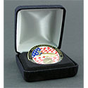 2 1/2" x 2 1/2" x 1 1/4" Black hinged velvet box with velvet insert that holds 1 3/4" medallion and white satin lining.